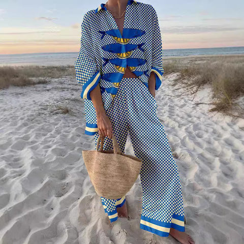 Linglong hemp fish shading casual suit loose sports wide-leg pants marine element casual shirt m303169