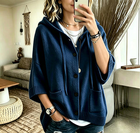 Multi-color hooded knitted cardigan loose seven-quarter sleeve sweater FF303358
