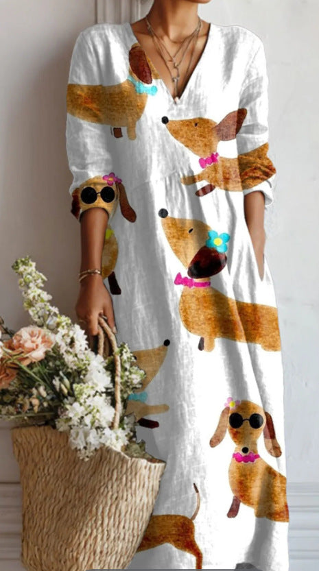 Women's loose V-neck fashion high-end long-sleeved printed collar dress m302766