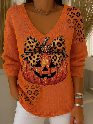 Shoulder V-neck long-sleeved autumn leaf 3D digital printing women's top FF303401