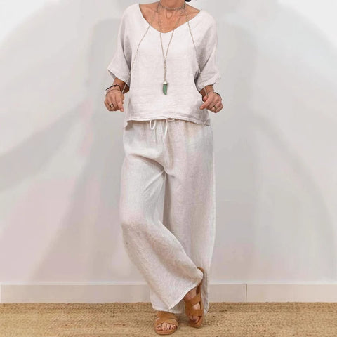 Lässiger V-Ausschnitt-Pullover mit Fünfviertelärmeln und Hose, mehrfarbig, zweiteiliges Damen-Set m301430 