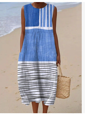 New sleeveless casual printing temperament long dress dress slim fit small fresh m302083