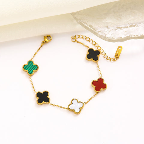 Ensemble de bijoux en acier titane trèfle Double face avec bracelet laser, incrustation de diamant de luxe léger m5010677