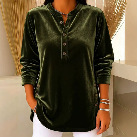 Women's Velvet Casual Loose V-Neck Button Long Sleeve Women's Shirt FF303380