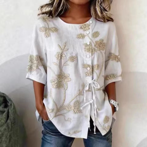 Ladies casual digital print lace-up shirt m302711