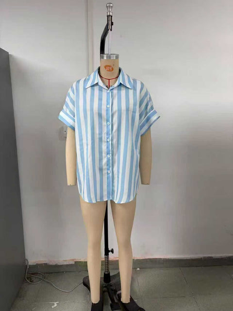 Versatile blue and white striped casual women's short-sleeved shirt m302415