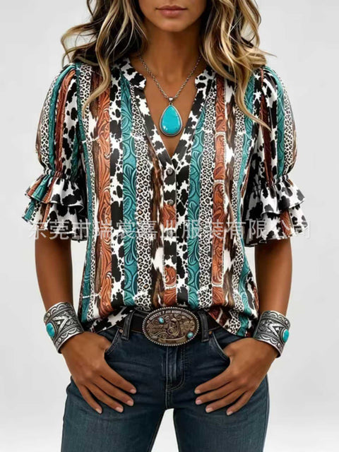 V-neck three-button top digital print horn-sleeved shirt FF303334