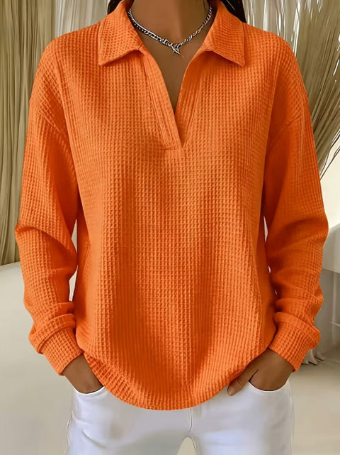 Waffle Lapel Long Sleeve Polo Top m303214