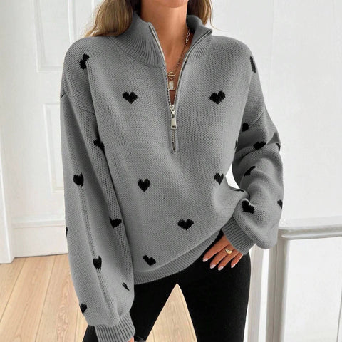 Foreign trade knitted long-sleeved love pattern zipper sweater FF303299