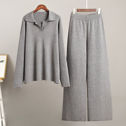 Knitted set European and American autumn and winter sweater set Polo neck knitted jumper + wide-leg trousers two-piece set m301788