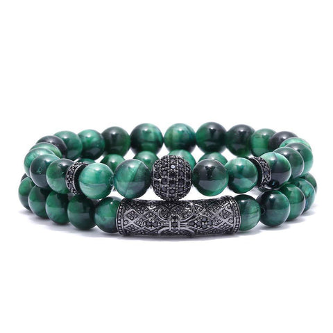 Elastisches Armband aus Tigerauge-Kupfer mit Mikroeinlage, schwarzer, matter Zirkonia, m3331288