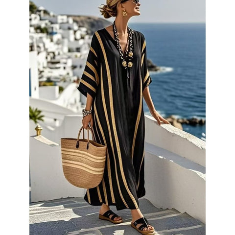 Holiday long striped embroidered dress m302762