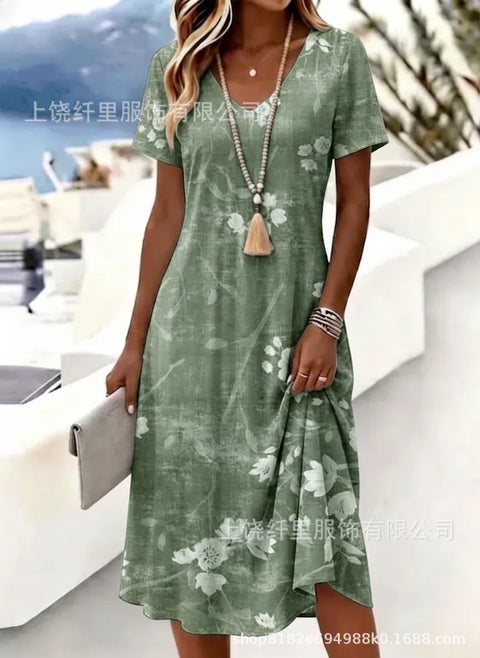 Printed women's v-neck short-sleeved temperament fashion dress m303046