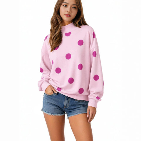 Polka dot print loose pullover sweater long sleeve casual versatile top m303221