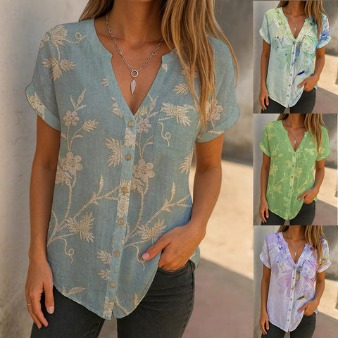 Casual short-sleeved V-neck cardigan digital printed shirt FF303108