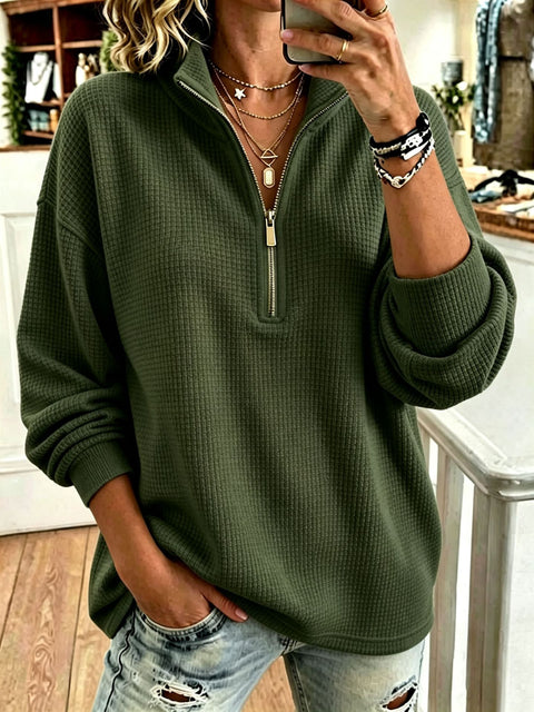 Waffle sweater lazy style half turtleneck half zipper loose long sleeve top FF303324