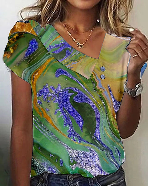 Women's short-sleeved top button V-neck m302369