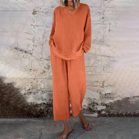 Lässiger Pullover mit V-Ausschnitt, lange Ärmel und Hosen mit Tasche, mehrfarbiger Baumwollanzug für Damen m301441 
