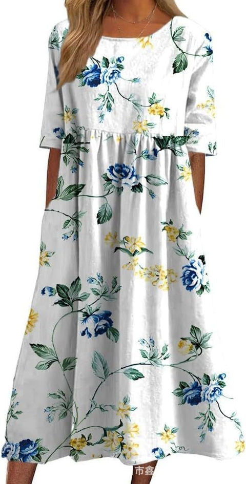 Damen Casual Rundhals Pullover Kurzarm 3D Druck Plissee Taille Swing Langes Kleid m301299 