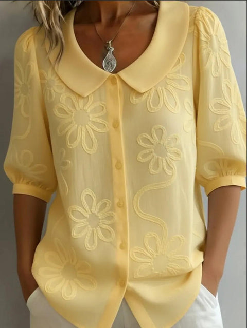 Loose Casual Vintage Button Embroidered Floral Medium Sleeve Shirt m302432