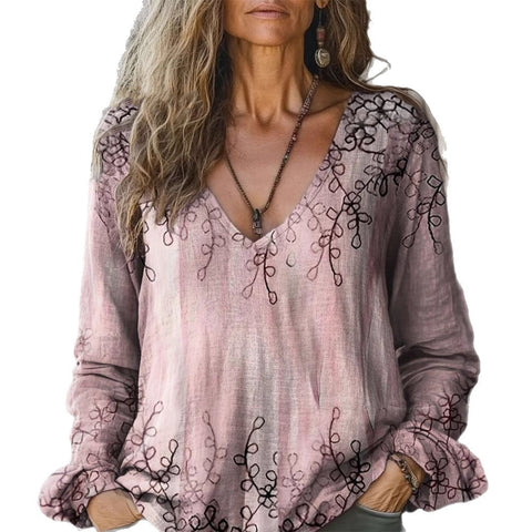 Casual V-Neck Long Sleeve Pullover Digital Printing Women's Upper T-Shirt FF303120