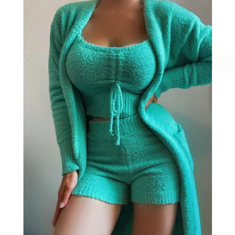 Plush three-piece lace-up pajamas set casual set loungewear m301066