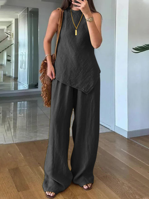 Lässiger Rundhalspullover ärmellos plus Taschenhose Baumwolle mehrfarbig m301437 