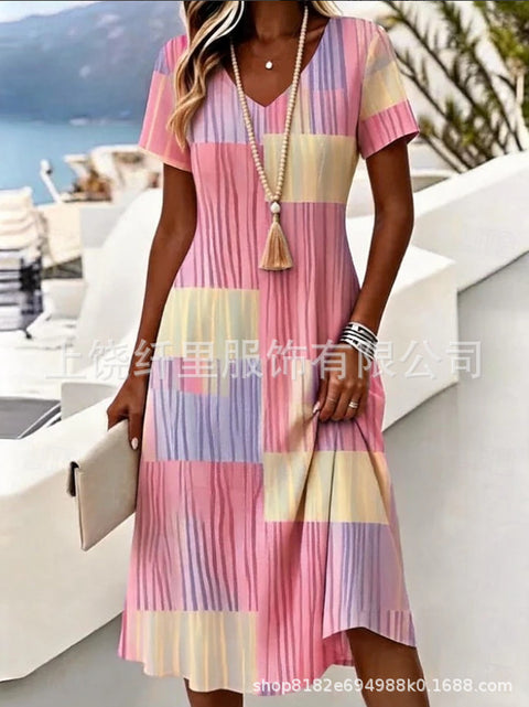 Printed women's v-neck short-sleeved temperament fashion dress m303046