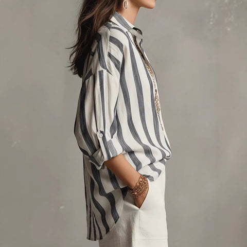 Spring, summer and autumn new women's clothing striped lapel collar loose fashion pullover blouse m302404