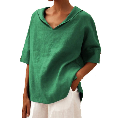 Einfarbiges, lockeres T-Shirt aus Baumwolle und Leinen für Damen mit Kapuze m301294 