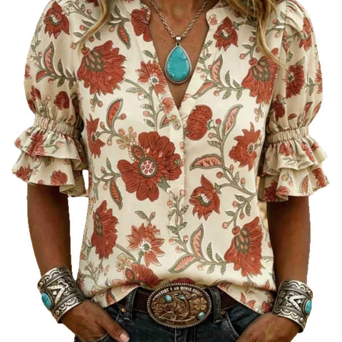 V-neck three-button top digital print horn-sleeved shirt FF303334