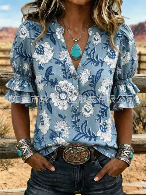 V-neck three-button top digital print horn-sleeved shirt FF303334