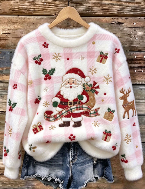 Christmas cartoon old man reindeer print flannel women sweater FF303511
