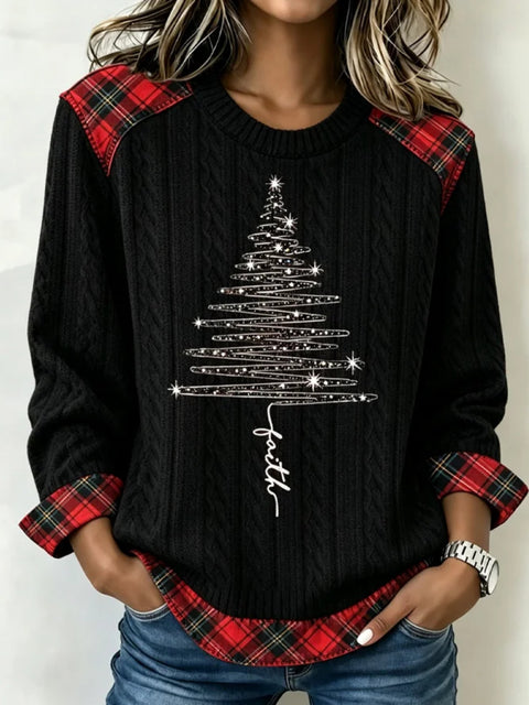 Christmas tree plaid print crew neck long-sleeved casual pullover sweater FF303471