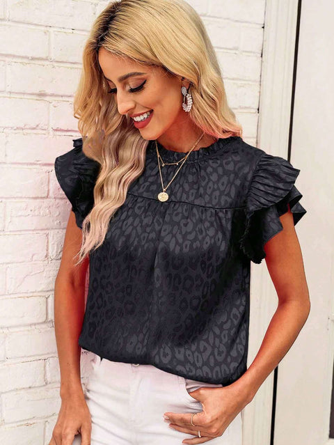 Versatile printed lotus leaf sleeve wavy neck women's top m300881
