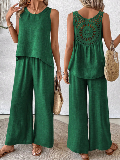 Frühling und Sommer einfarbig hohle Spitze zweiteilige Mode lässig Weste breite Beinhosen Hose m301367 