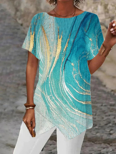 Geometric printing loose short-sleeved irregular hem T-shirt m302490