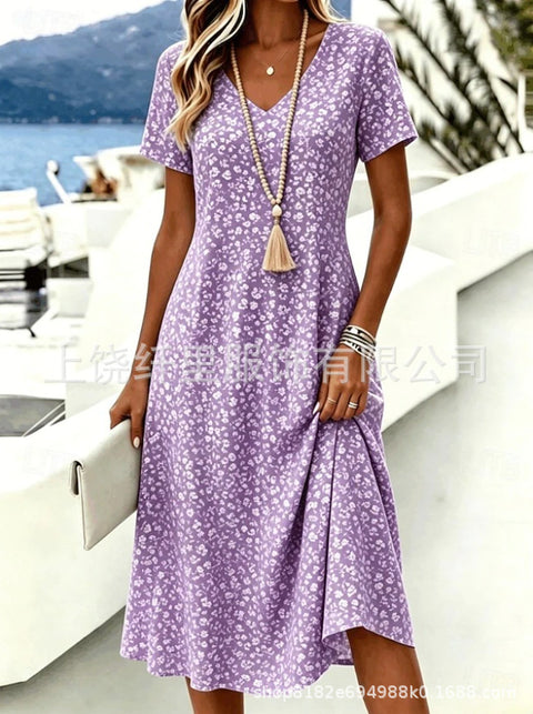 Printed women's v-neck short-sleeved temperament fashion dress m303046