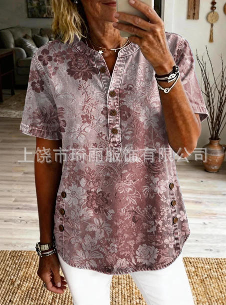Women's Floral Print V-Neck Casual Women's Short Sleeve Top FF303332