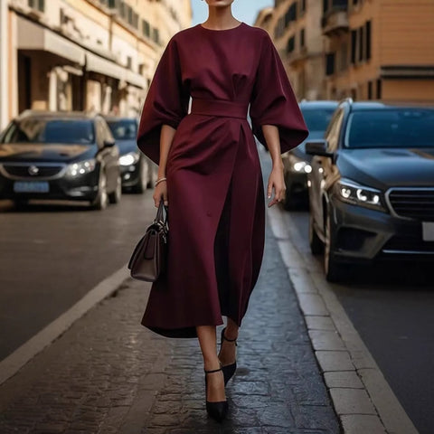 Mode Temperament elegante einfarbige Taille Kleid lässig Fledermaus Ärmel langes Kleid m301326 