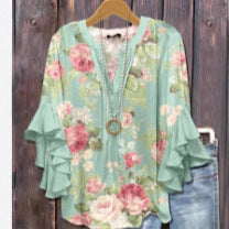 Creative floral element printing digital printing casual trend V-neck lotus edge horn T-shirt m302747