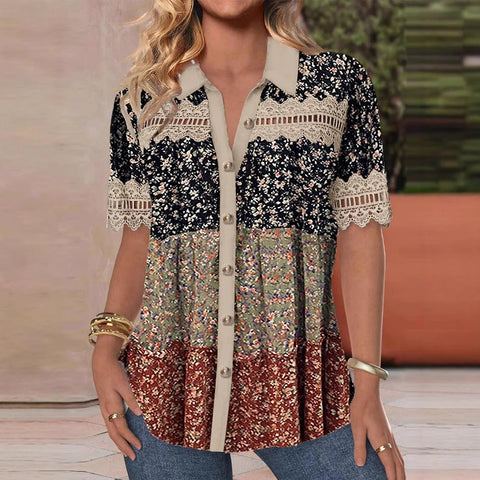 Chemise décontractée à col chemise et manches courtes, cardigan classique, imprimé numérique, chemise femme m301417 