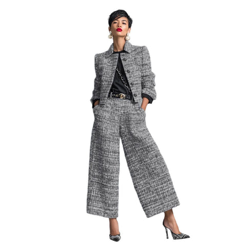 Lapel slim-fitting women's clothing European and American style long-sleeved short jacket with wide leg pants set m302505