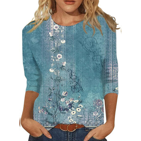 Seven-quarter sleeve plant flower 3D printing crew neck pullover m300615