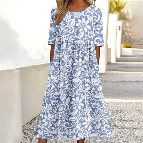 Damen Casual Rundhals Pullover Kurzarm 3D Druck Plissee Taille Swing Langes Kleid m301299 