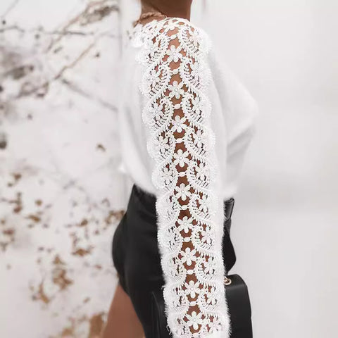 Knitted sweater temperament one-word collar lace splicing sleeves m302237