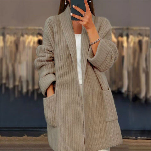 Herbst und Winter neue Damen verdickte einfarbige Strickjacke mit V-Ausschnitt und lockerer Tasche, Pulloverjacke m300471 