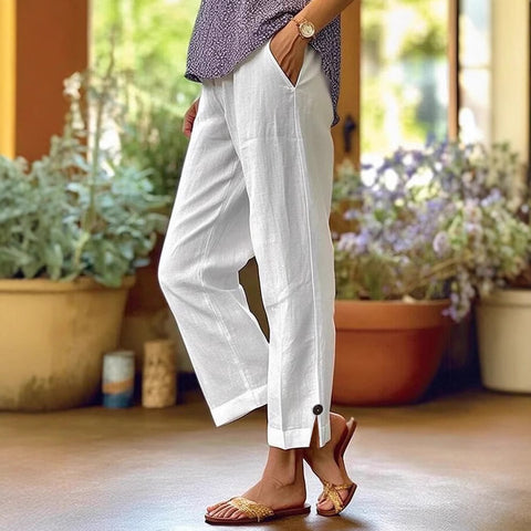Lose, einfarbige, elastische Taillentasche aus Baumwolle und Leinen für Damen, gerade Freizeithose m301424 
