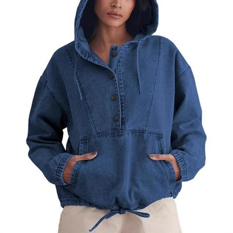 Fashion denim hoodie button-down pullover jacket denim sweatshirt FF303261