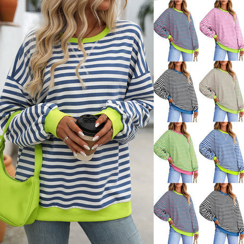 Farbig gestreifter Rundhals-Sweatshirtpullover für Damen, lockerer Schnitt, m300961 